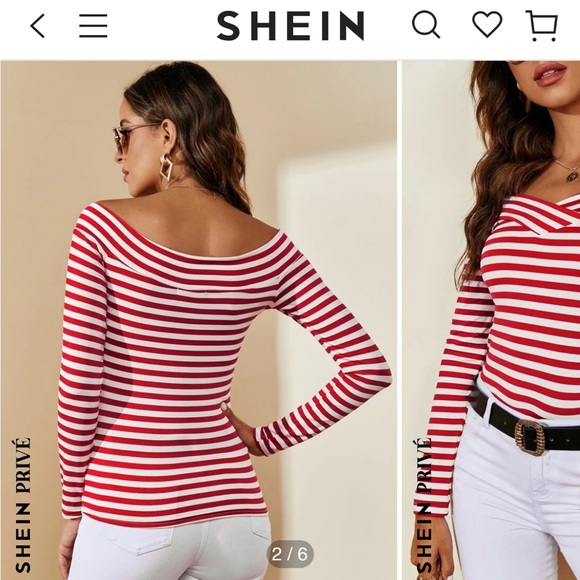 ISO SHEIN Red White Stripe Long Sleeve Off Shoulder Top - Picture 2 of 2